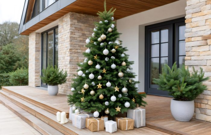 Decorated Christmas tree standing on a modern house porch with wrapped gifts and candles
