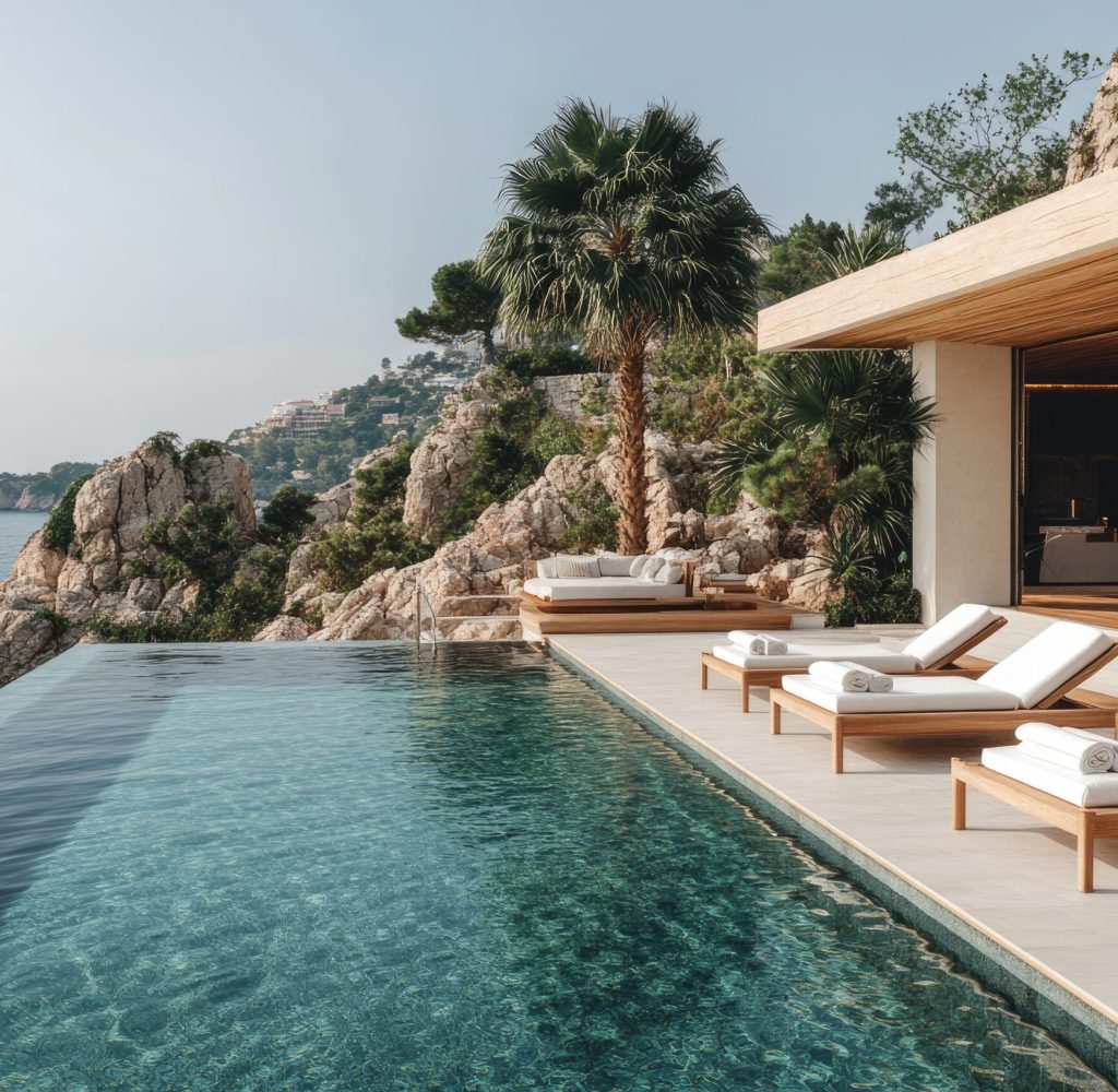 Luxurious infinity pool with comfortable lounge chairs at a high-end resort overlooking the mediterranean sea in spain