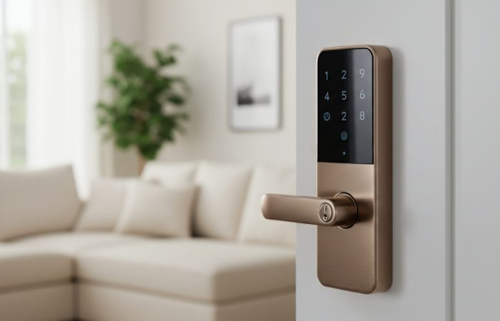 A modern digital door lock, featuring a combination of matte black and brass-colored metal, is mounted on a white door in an interior setting. The lock displays a touch-sensitive keypad. A glimpse of a living room is visible with a comfortable sofa and cushions, suggesting a secure, automated living space. Soft, diffused natural light fills the scene. This image is suitable for illustrating home security, modern technology, access control systems, and smart home automation concepts in editorial or commercial projects.